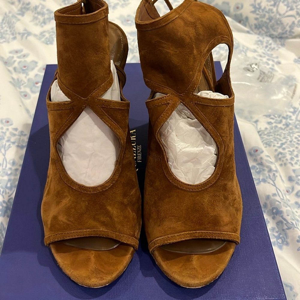 Aquazzura Sexy Thing Suede Lace Up Wedge Sandals Sz 38.5 Cognac EUC in box